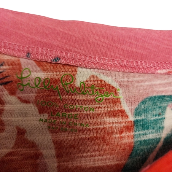 Lilly Pulitzer Pink Floral Ruched Puff Sleeve Slim Fit T-Shirt Size L - Picture 10 of 11
